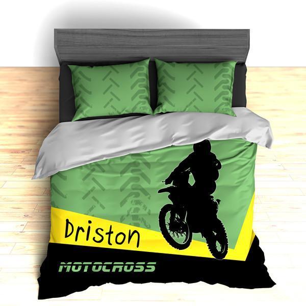 Personalized Motocross Comforter or Duvet, Motocross Bedding, Dirt Bike, Freestyle Motocross, Green