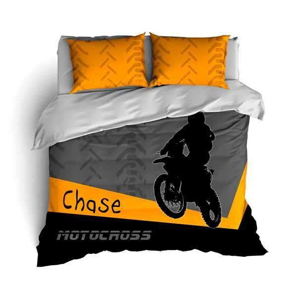 Personalized Motocross Comforter or Duvet, Motocross Bedding, Dirt Bike, Freestyle Motocross, Orange