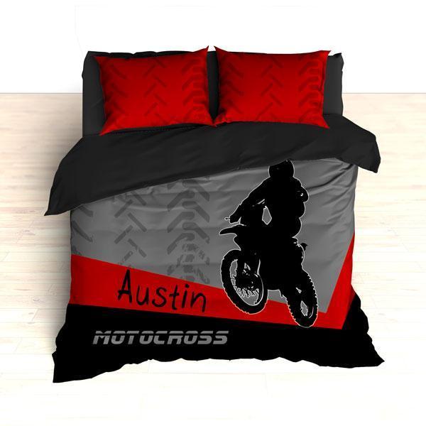 Personalized Motocross Comforter or Duvet, Motocross Bedding, Dirt Bike, Freestyle Motocross, Red and Black