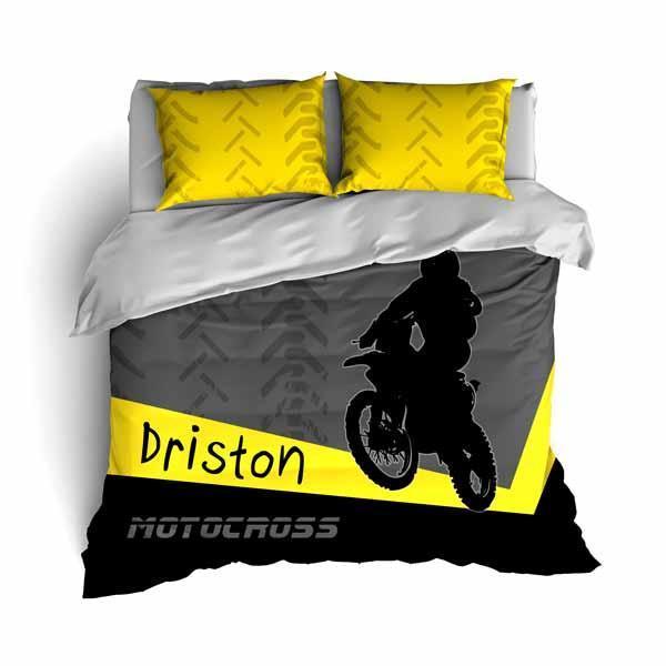 Personalized Motocross Comforter or Duvet, Motocross Bedding, Dirt Bike, Freestyle Motocross, Yellow