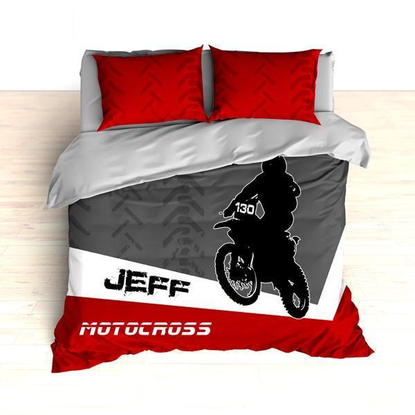 Personalized Motocross Comforter or Duvet, Motocross Bedding, Dirt Bike, Red, White and Grey