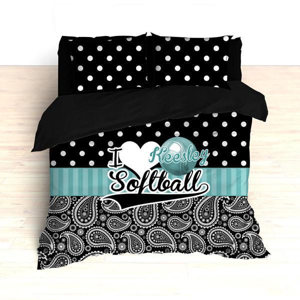 Personalized Paisley Softball Bedding, Duvet or Comforter Sets, Teal and Black Paisley