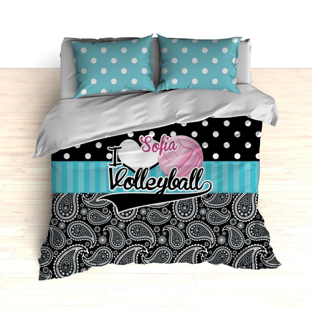 Personalized Volleyball Bedding, Duvet or Comforter, Polka Dots and Paisley