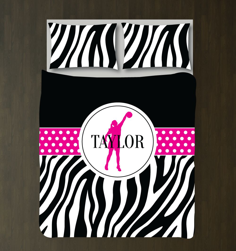 Personalized Zebra Print Basketball Custom Gift for Girls and Teen Athletes Basketball Player Themed Bedroom Decor White, Black, Hot Pink3D Customized Duvet Cover Bedding Sets