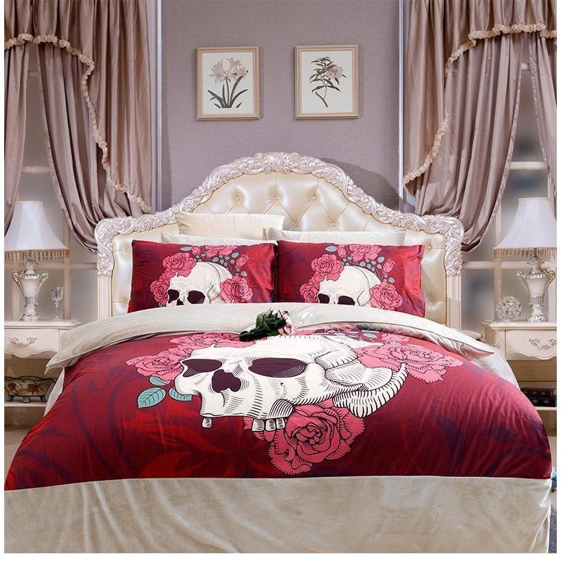 Pink Cotton Rose Skull Bedding Set
