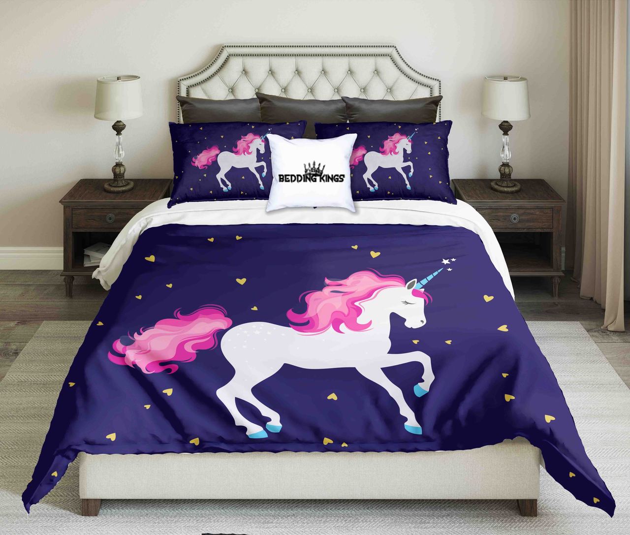 Pinky Haired White Unicorn On Dark Blue Background | kings3D Customized Duvet Cover Bedding Sets