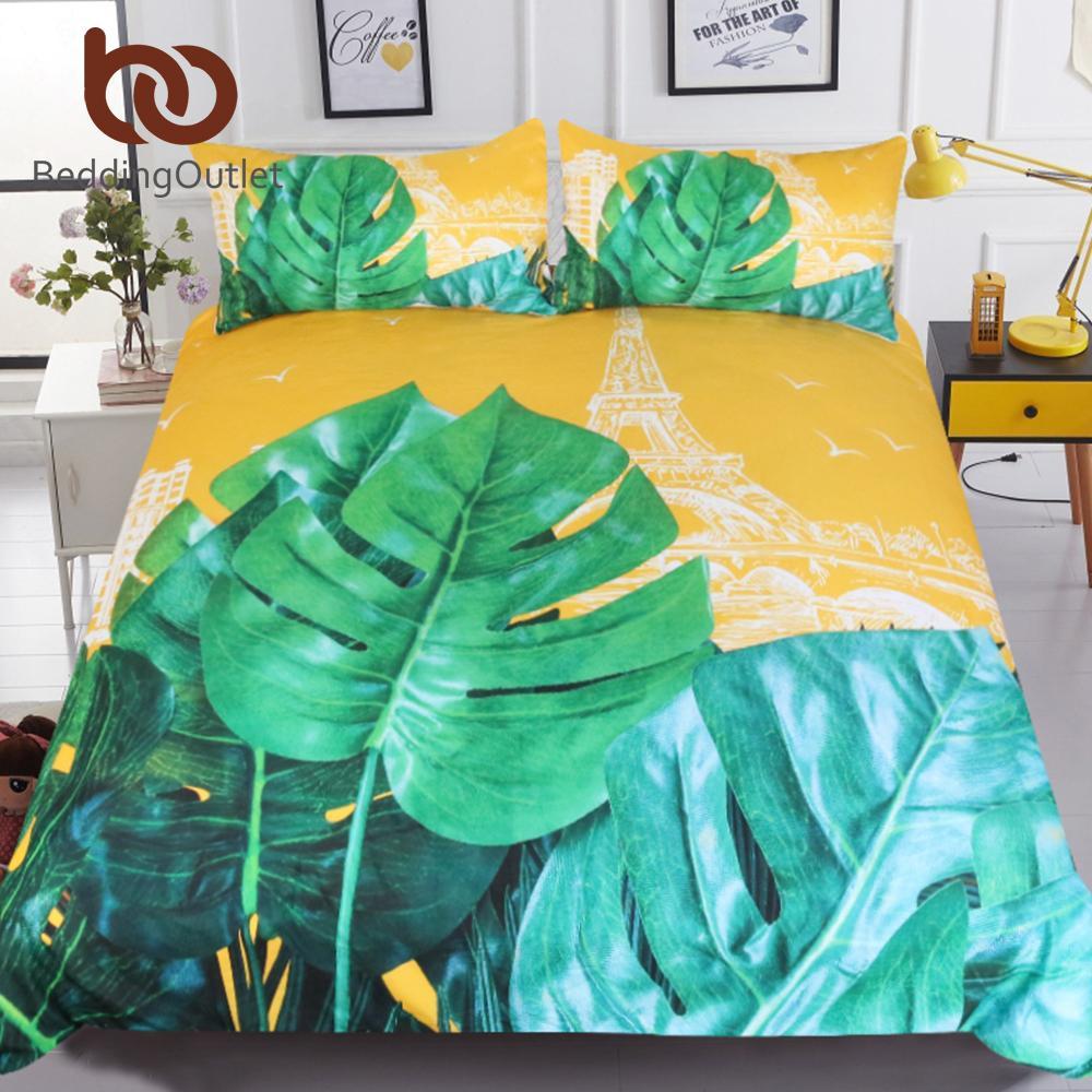 Plant France Tower et Queen Leaf Leaves Bed Cover Yellow and Green Bedclothes 3D Customized Duvet Cover Bedding Sets