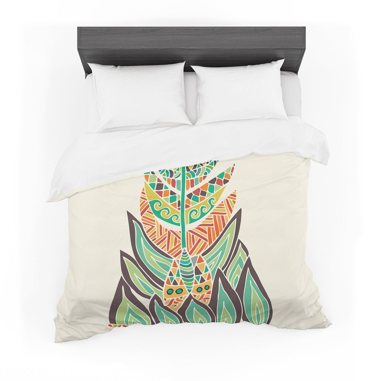 Pom Graphic Design ‘Tribal Feather’ Green Orange Cotton3D Customized Duvet Cover Bedding Sets