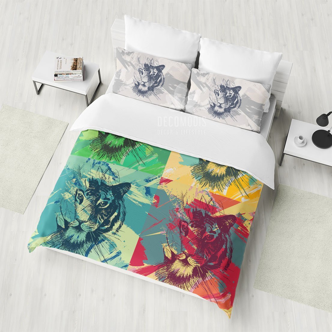 Pop Art Style Bedding, Colorful Tigers Duvet Cover Set, Retro Style ArtBedding Bedroom Decor, Art Bedspread