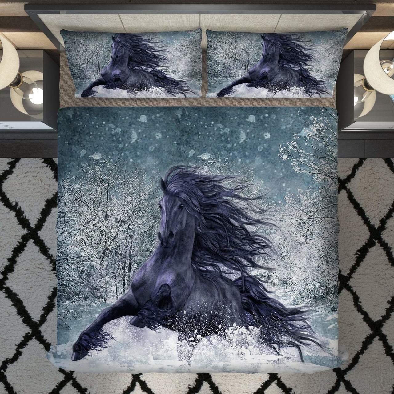 Powerful Black Horse Winter3D Customized Duvet Cover Bedding Sets