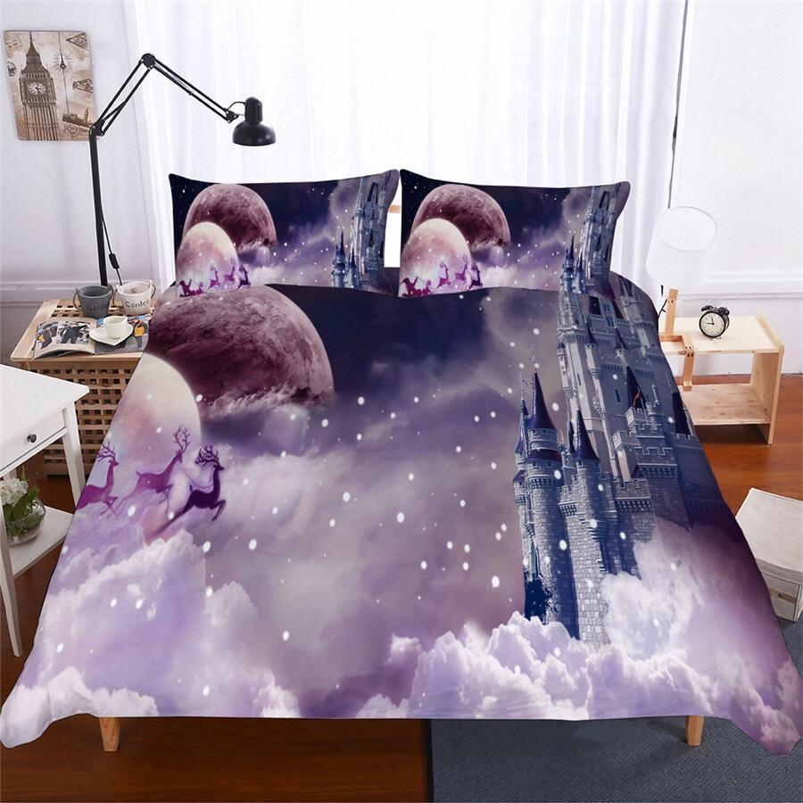 Purple Christmas Reindeer & Castle 3D Customized Duvet Cover Bedding Sets