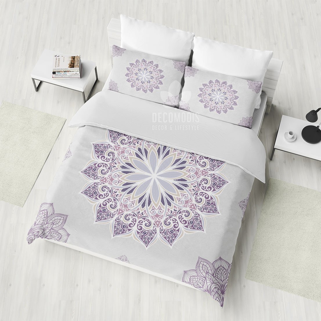 Purple & White Mandala Bedding Set, Boho Bedspread, Bohemian Duvet Cover, Mandala Hindu Art Bedding Set