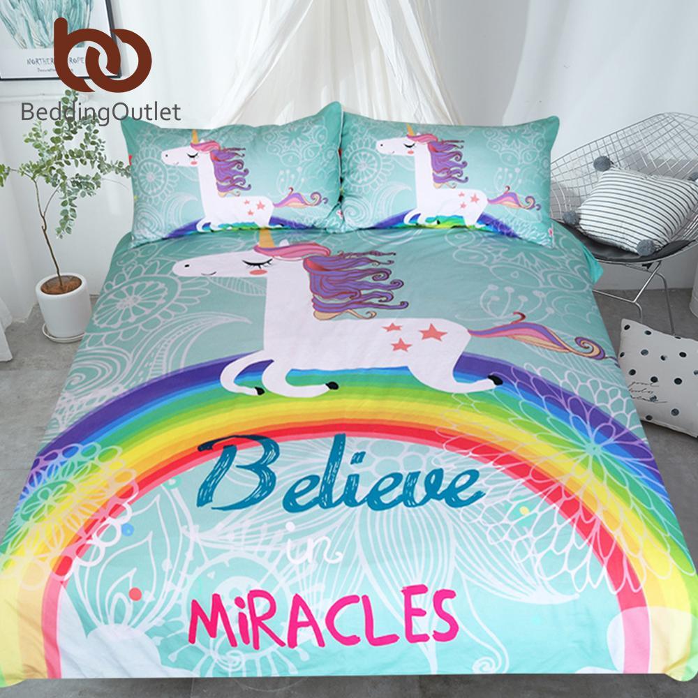 Rainbow Unicorn Cartoon for Kids Believe Miracles et Floral Blue Home Textiles 3D Customized Duvet Cover Bedding Sets