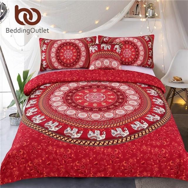 Red Mandala Bedding Set Elephant Indian Duvet Cover wiith Pillowcases 4Pcs