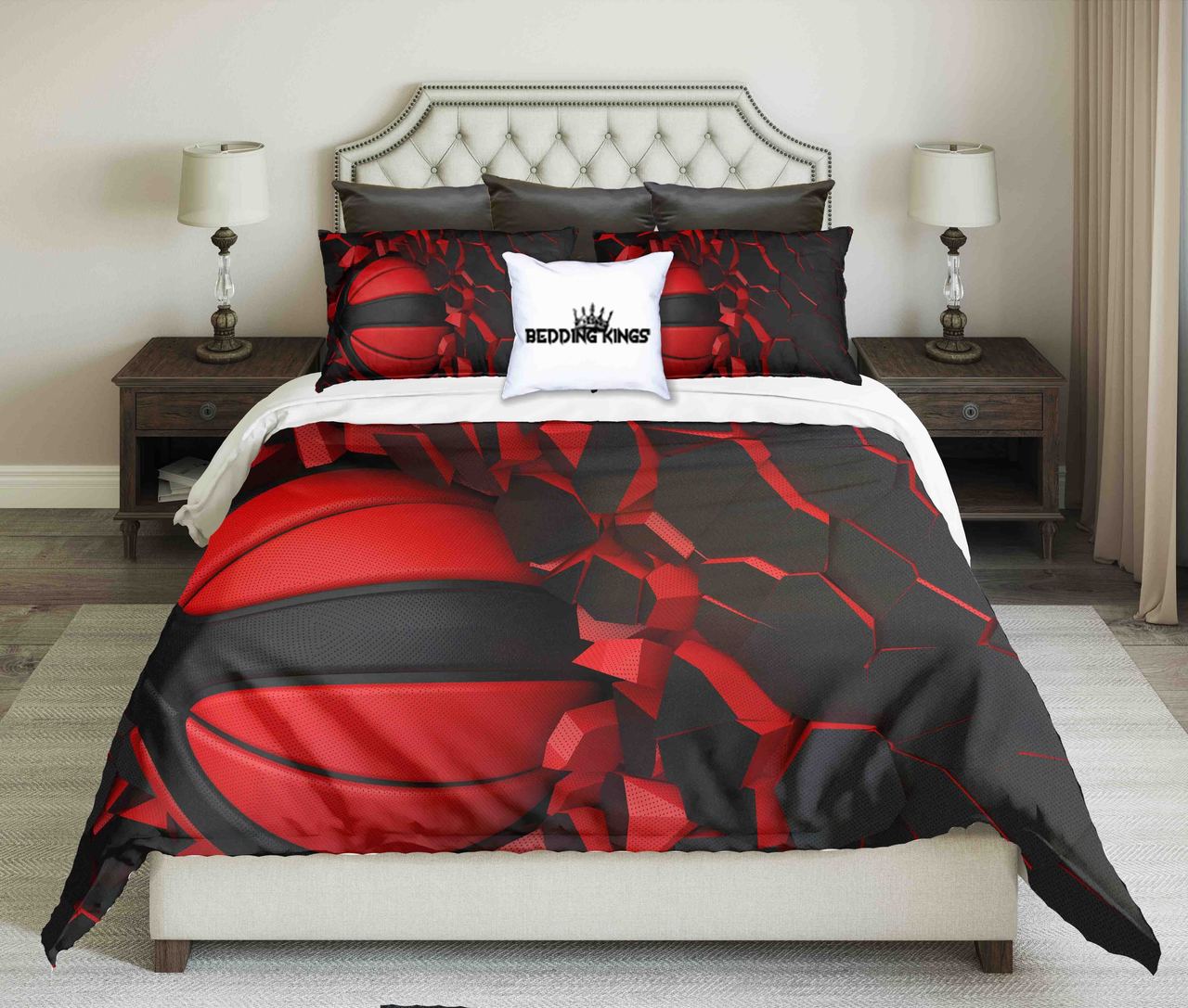 RedBlack Basketball On Cracked Wall Design | kings3D Customized Duvet Cover Bedding Sets