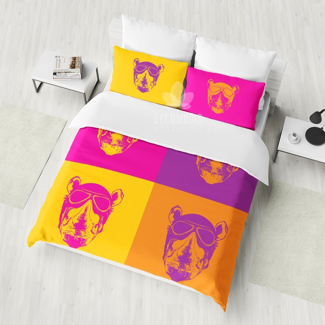Rhino Pop Art Bedding, Colorful Vintage Duvet Cover Set, Classic Bedspread, Retro ArtBedding