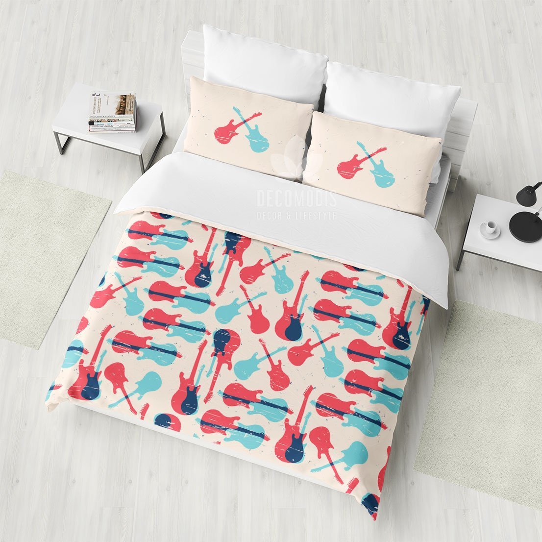 Rock n Roll Bedding, Retro Guitars Duvet Cover Set, Vintage Music Bedroom Decor, Retro Pattern Bedspread