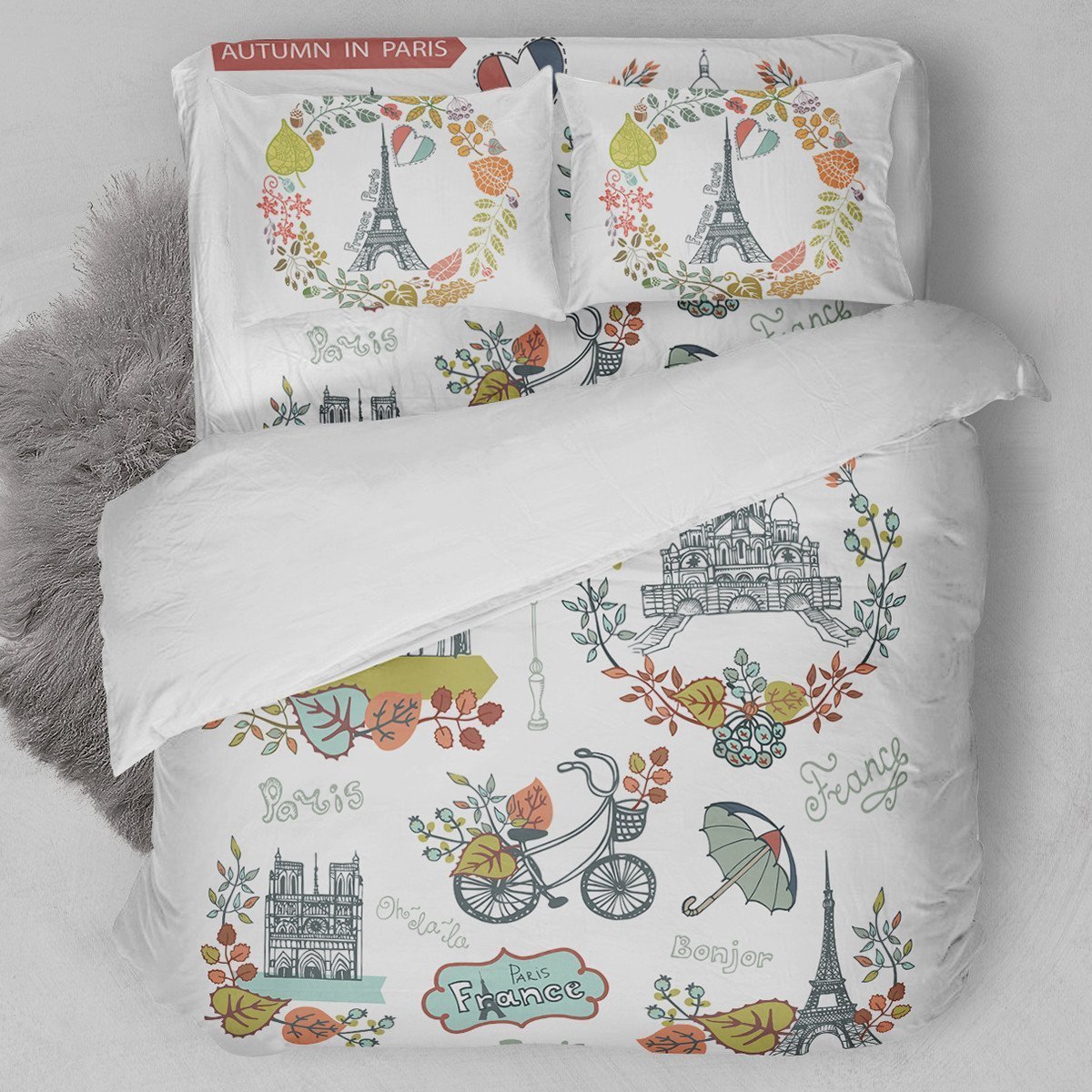 Romantic Autumn Paris Vintage Postcard Bedding Set