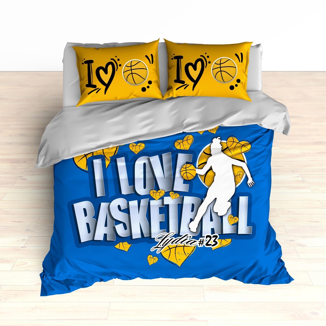 Royal Blue and Gold Basketball Hearts Bedding, Personalized, I Love Basketball, Duvet or Comforter