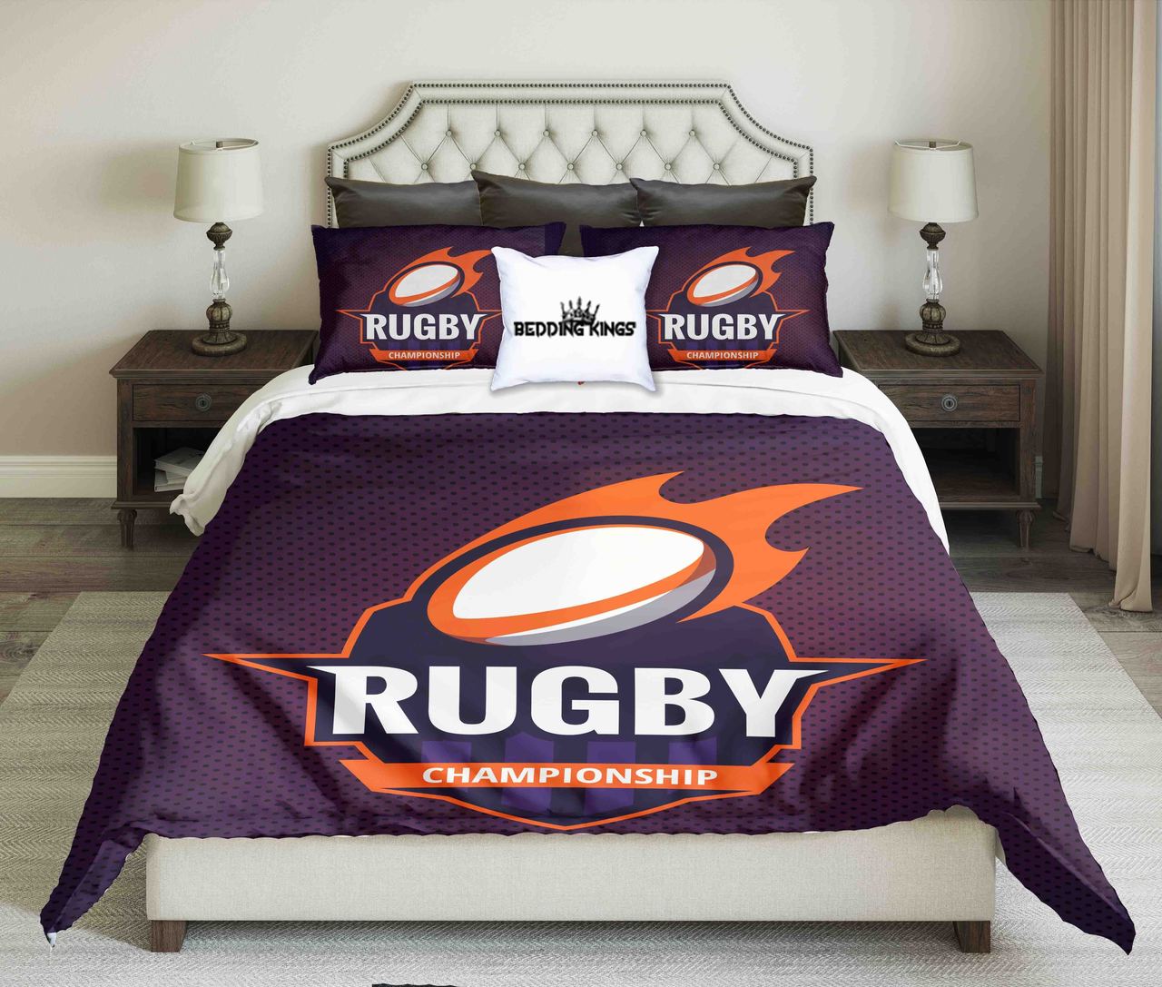 Rugby Ball On Orange Purple Background Design | kings3D Customized Duvet Cover Bedding Sets
