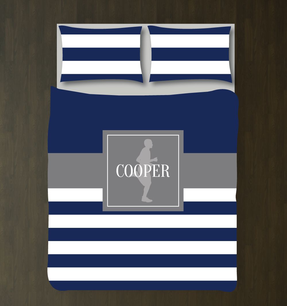 Running Themed Bedding Set for Boys | Rugby Stripes Customized Duvet Cover| Grey, Navy, White