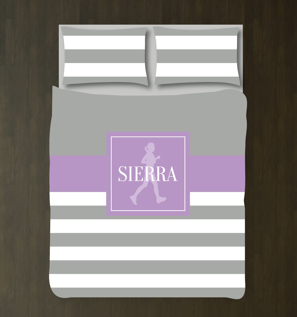 Running Themed Bedding Set for Girls | Rugby Stripes Customized Duvet Cover| Grey, African Violet, White