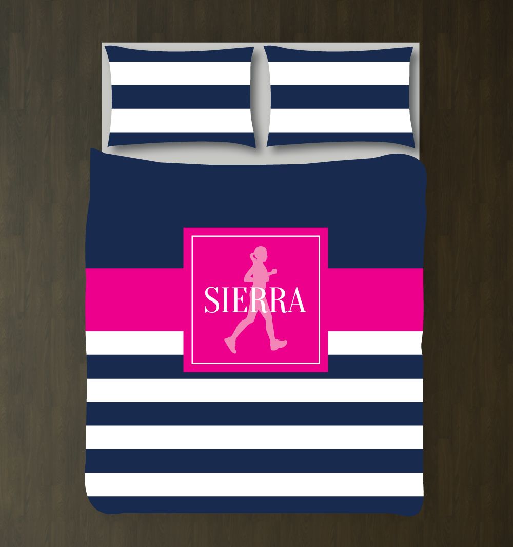 Running Themed Bedding Set for Girls | Rugby Stripes Customized Duvet Cover| Navy, Hot Pink, White