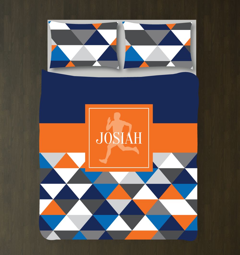 Running Themed Triangle Pattern Bedding Set for Boys Customized Duvet Cover| Greys, Navy, Dazzling Blue, Carrot Orange, White