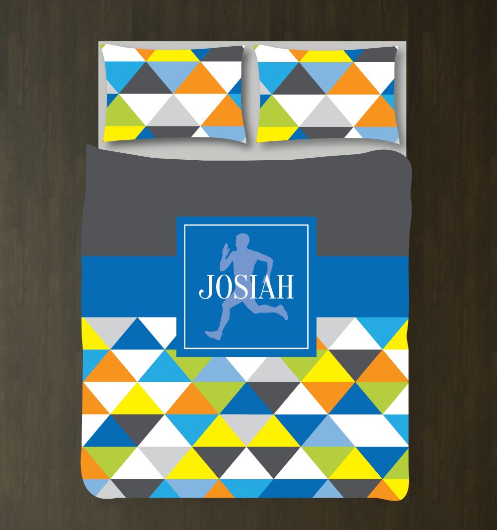 Running Themed Triangle Pattern Bedding Set for Boys Customized Duvet Cover| Greys, Turquoise, Blue, Yellow, Bright Chartreuse, Orange, White