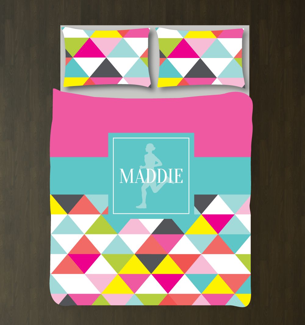 Running Themed Triangle Pattern Bedding Set for Girls Customized Duvet Cover| Pink, Pool, Bright Chartreuse, Yellow, White