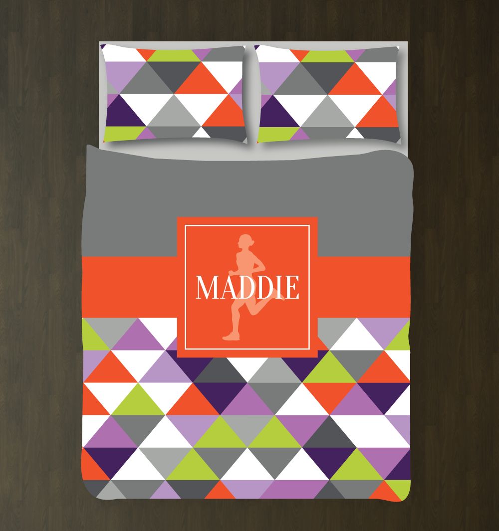 Running Themed Triangle Pattern Bedding Set for Girls Customized Duvet Cover| Purples, Greys, Bright Chartreuse, Tangerine Tango, White