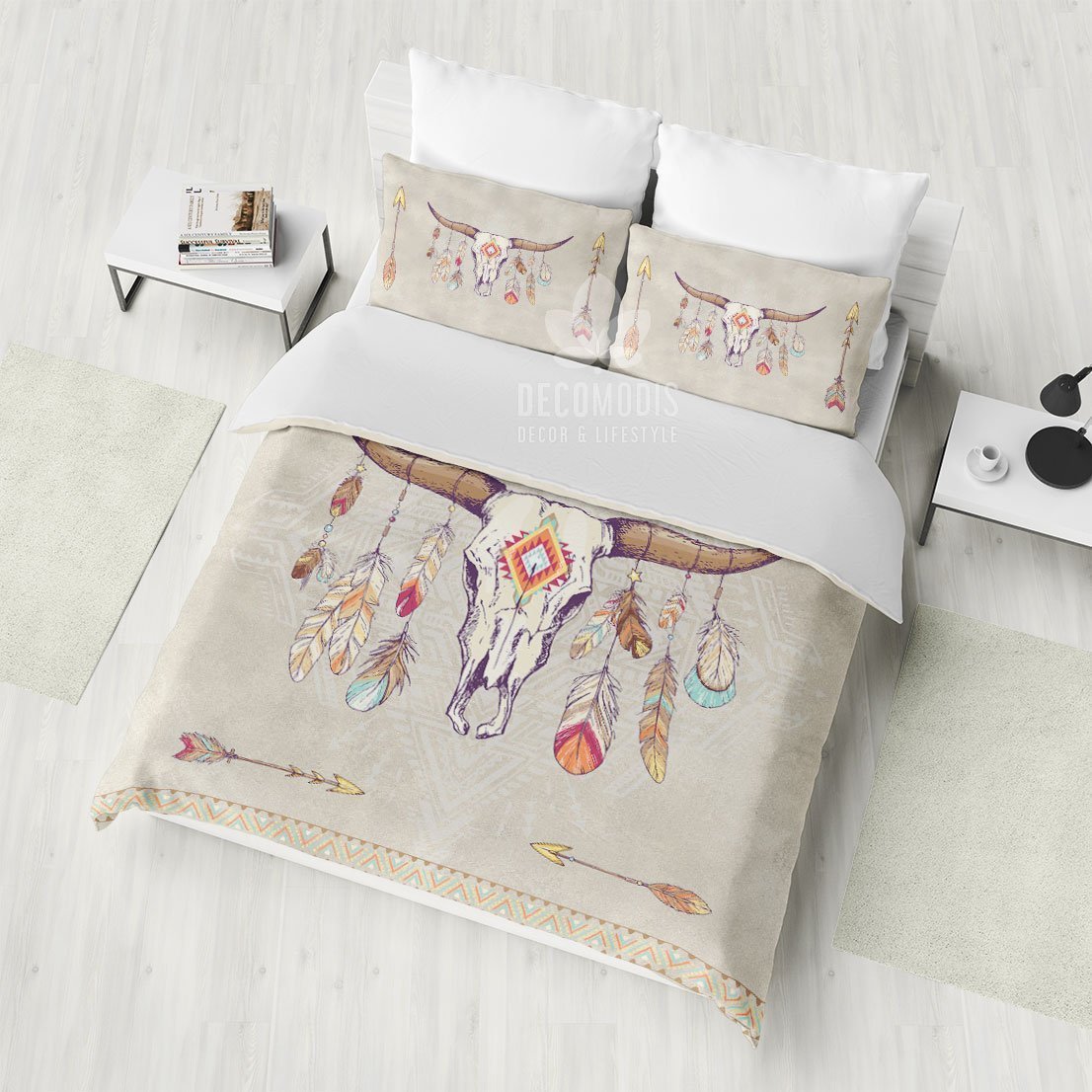 Sacred Buffalo Skull Bedding Set, Bohemian Ethno Bedspread, Shabby Chick Duvet Cover, Boho Totem Art Bedding Set