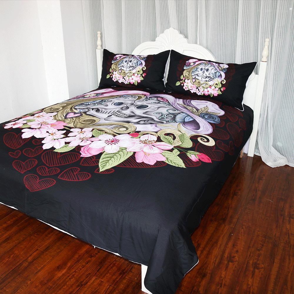 Skull Couple Pink Flowers ART HOP 3D Customized Duvet Cover Bedding Sets