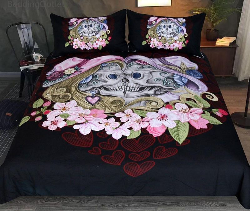 Skull Couples Queen Boy Girls Gothic Black Bedclothes Pink Flowers Love et3D Customized Duvet Cover Bedding Sets