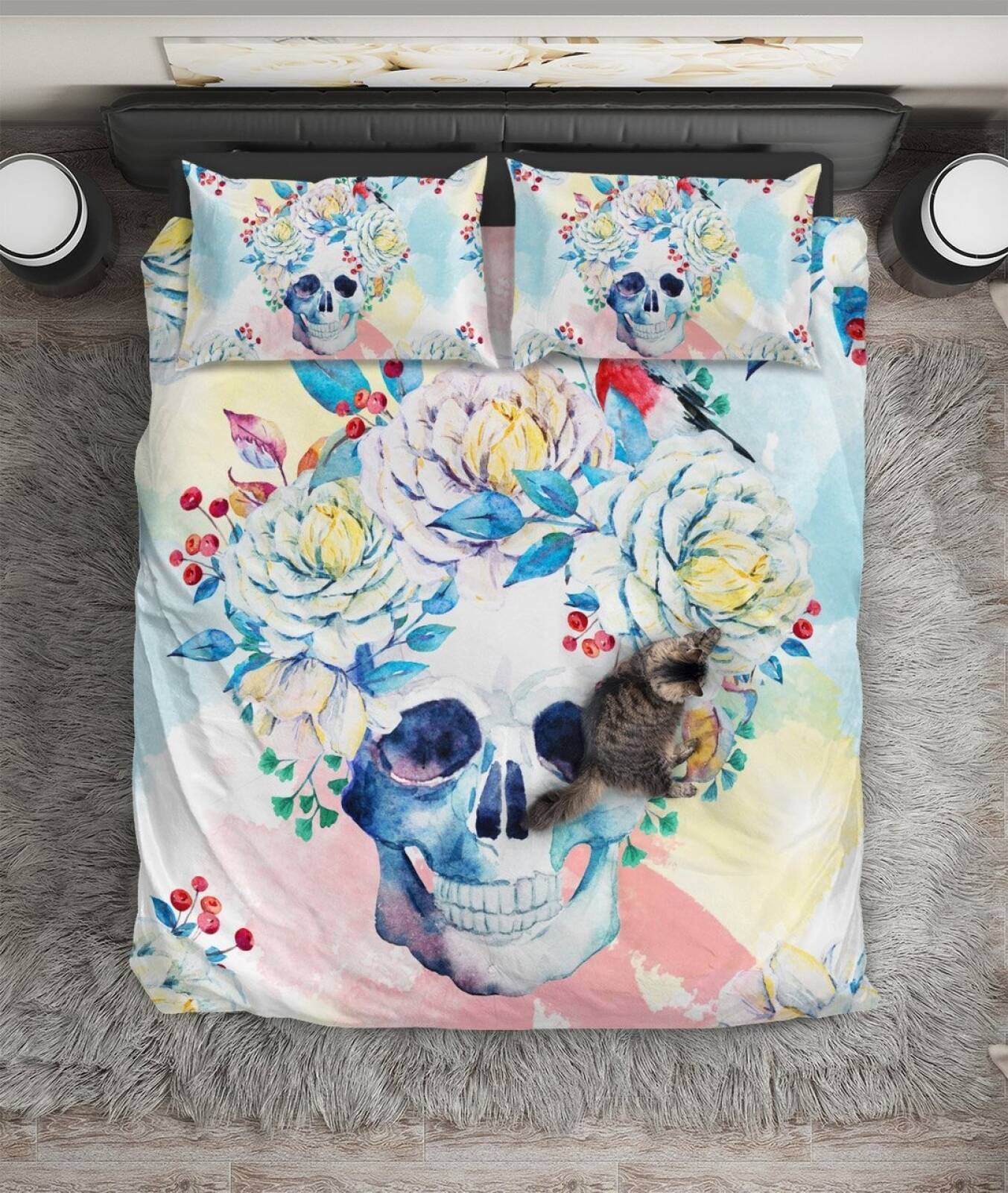 Skull Floral Crown Watercolor ART HOP 3D Customized Duvet Cover Bedding Sets