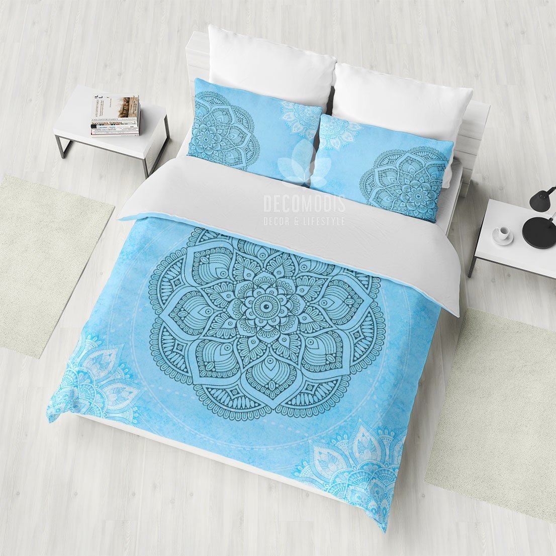 Sky Blue Mandala Bedding Set, Bohemian Bedspread, White & Light Blue Duvet Cover, Boho Hindu Art Bedding Set