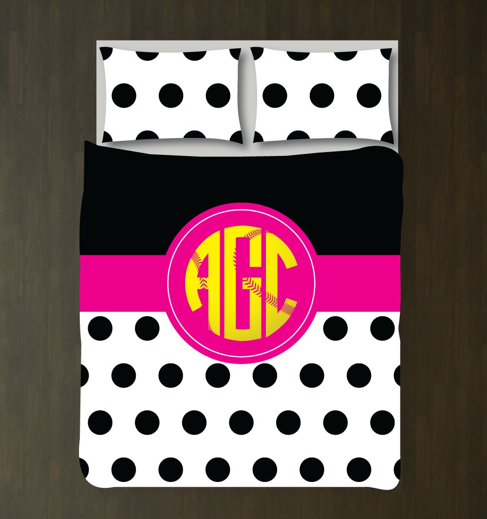 Softball Bedding Set with Circle Monogram Customized Duvet Cover| Black, Hot Pink, Yellow and White