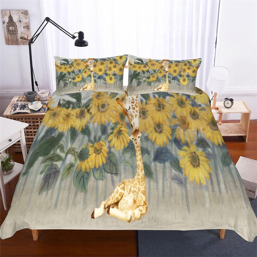Sunflowers, Mother & Baby Giraffes 3D Customized Duvet Cover Bedding Sets