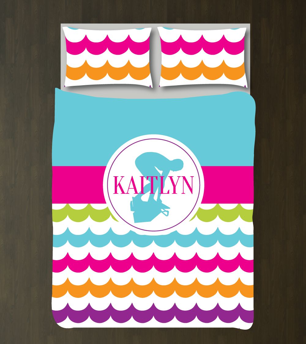 Swimming Themed Scallop Bedding Set for Girls Customized Duvet Cover| Hot Pink, Aqua, Orange, Purple, Bright Chartreuse, White