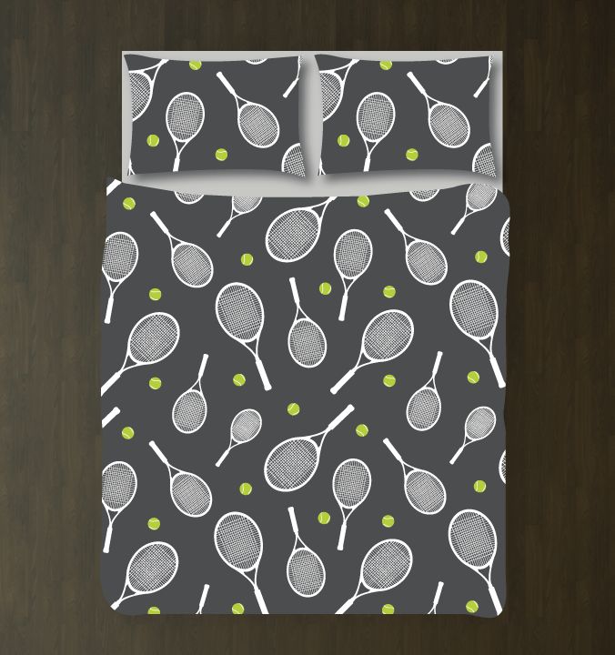 Tennis Ball and Racket Bedding Set Customized Duvet Cover| Charcaol, Bright Chartreuse and White