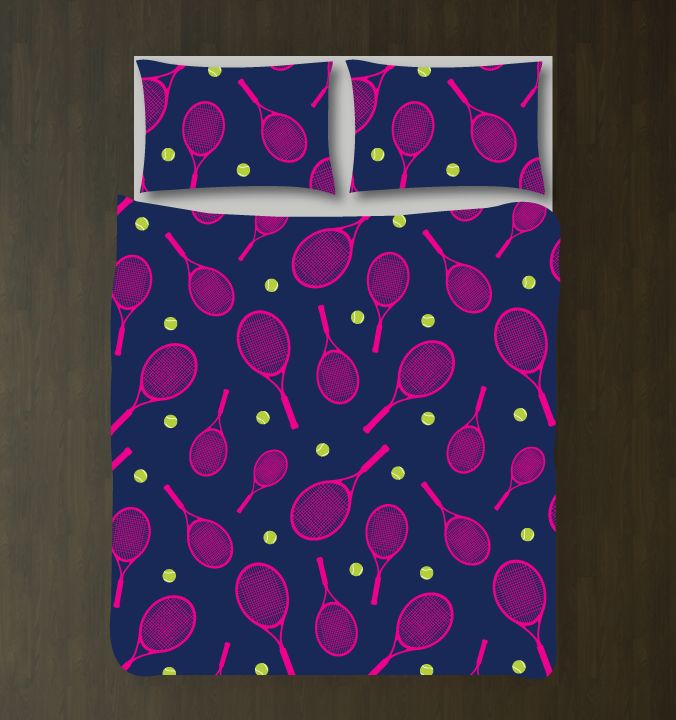 Tennis Ball and Racket Bedding Set Customized Duvet Cover| Hot Pink, Bright Chartreuse and Navy
