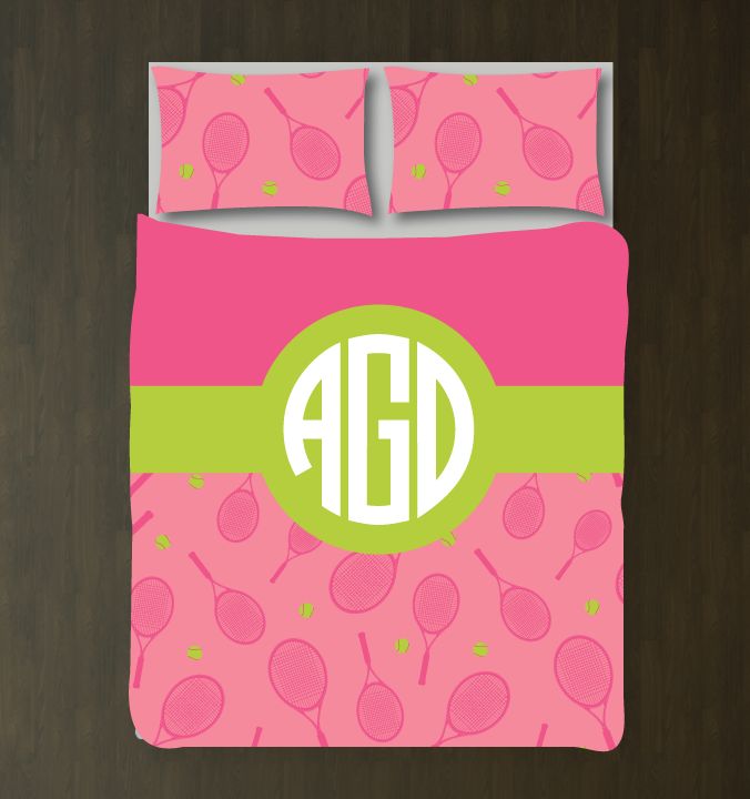 Tennis Ball and Racket Bedding Set with Circle Monogram Customized Duvet Cover| Bubble Gum Pink, Bright Chartreuse and White
