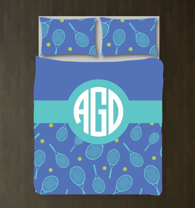 Tennis Ball and Racket Bedding Set with Circle Monogram Customized Duvet Cover| Periwinkle, Pool, and Bright Chartreuse