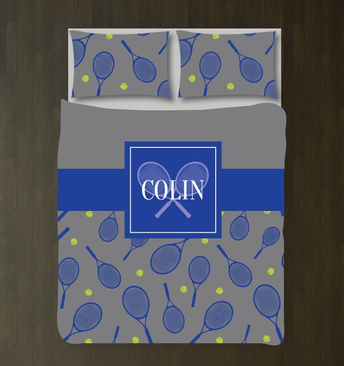 Tennis Ball and Racket Bedding Set with Name Customized Duvet Cover| Grey, Royal Blue, and Bright Chartreuse