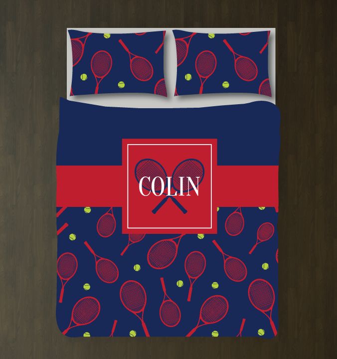 Tennis Ball and Racket Bedding Set with Name Customized Duvet Cover| Navy, Red, and Bright Chartreuse