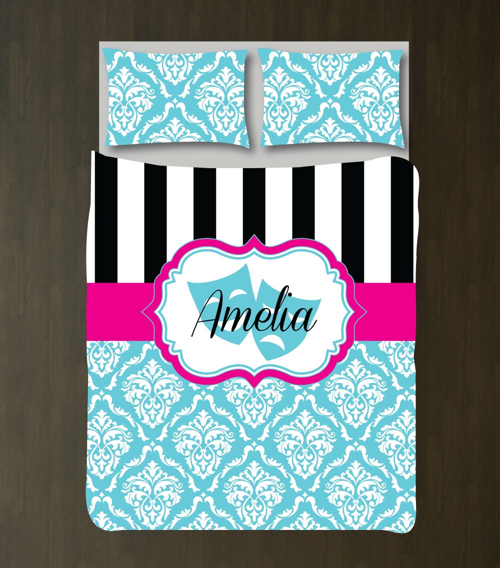 Theatre Mask Damask Bedding Set with Stripes | Monogrammed Name Customized Duvet Cover| Hot Pink, Aqua, Black and White
