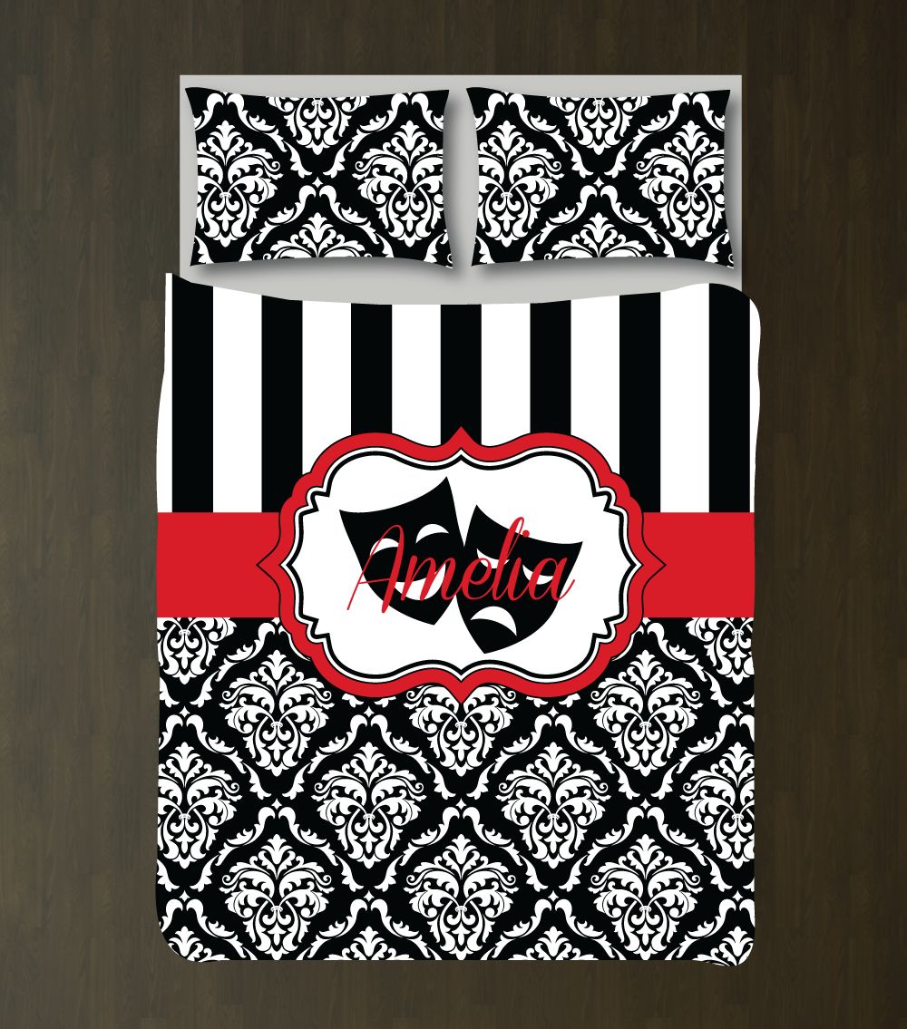 Theatre Mask Damask Bedding Set with Stripes | Monogrammed Name Customized Duvet Cover