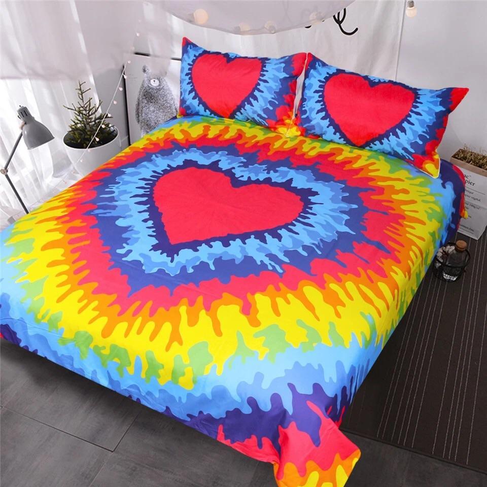 Tie Dye Rainbow Heart 3D Customized Duvet Cover Bedding Sets
