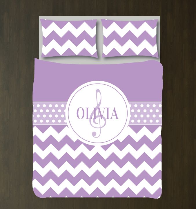 Treble Clef Chevron and Dot Bedding Set for Musicians Customized Duvet Cover| African Violet and White
