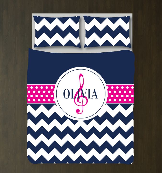 Treble Clef Chevron and Dot Bedding Set for Musicians Customized Duvet Cover| Navy, Hot Pink and White